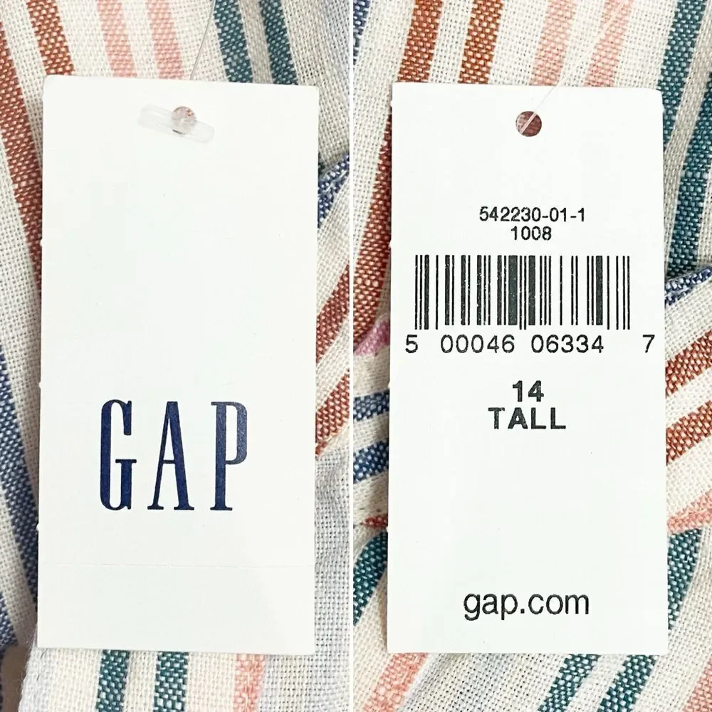 NWT Gap Linen Blend Striped Midi Dress Belted V-Neck Short Sleeve Size 14 Tall